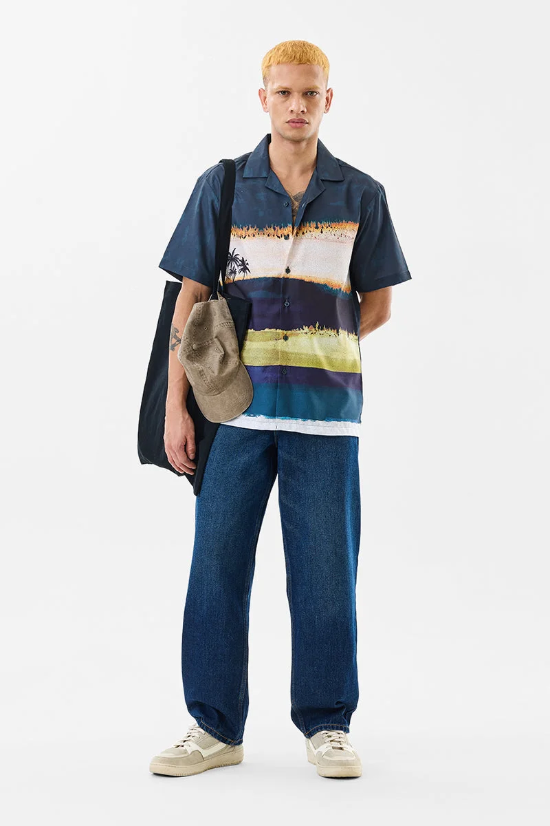 SNITCH Box Fit Printed Navy Blue Shirt